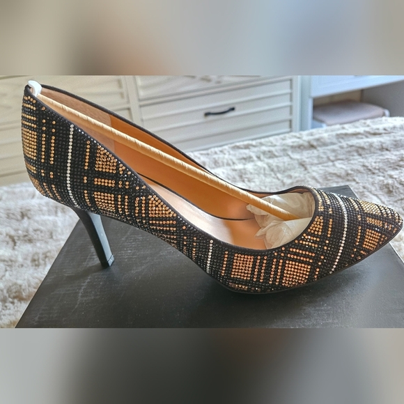 INC International Concepts Shoes - INC Womens Gold Plaid Rhinestone Zitah Round Toe Stiletto Slip On Pumps